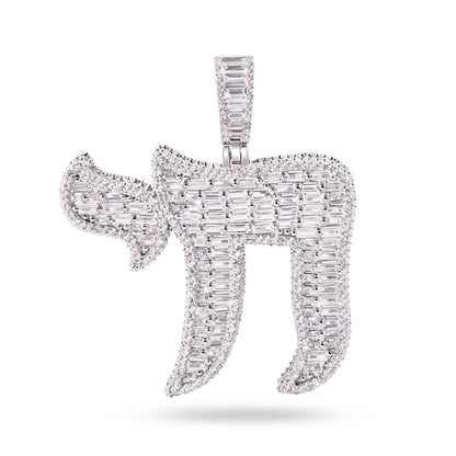 925 Sterling Silver Rhodium Plated Jewish Chain Baguette Clear CZ Pendant