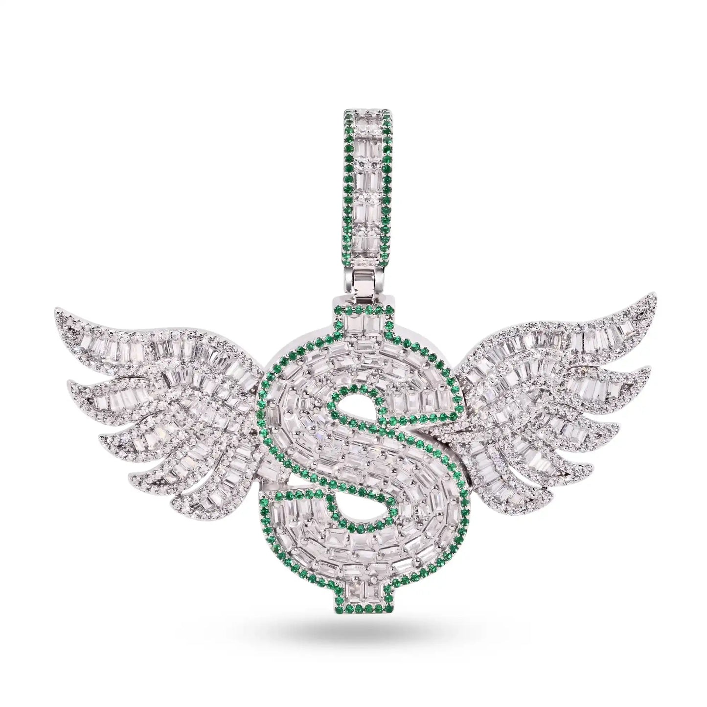 925 Sterling Silver Rhodium Plated Dollar Sign Wings Baguette Clear and Green CZ Pendant