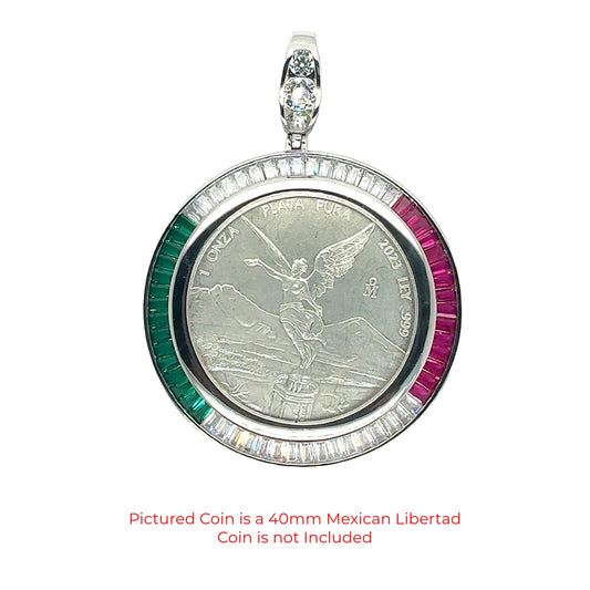 925 Sterling Silver Rhodium Plated Bezel for Coin Baguette Clear Green and Red CZ Pendant