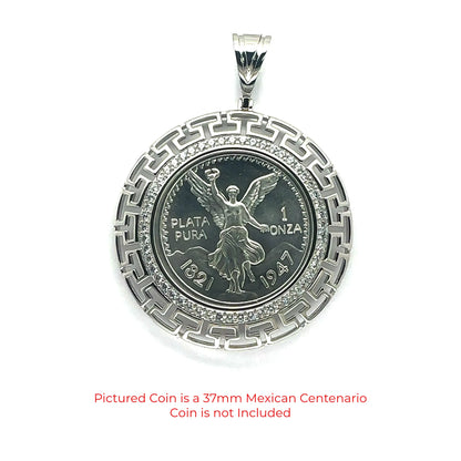 925 Sterling Silver Rhodium Plated Centenario Bezel Aztec Clear CZ Pendant