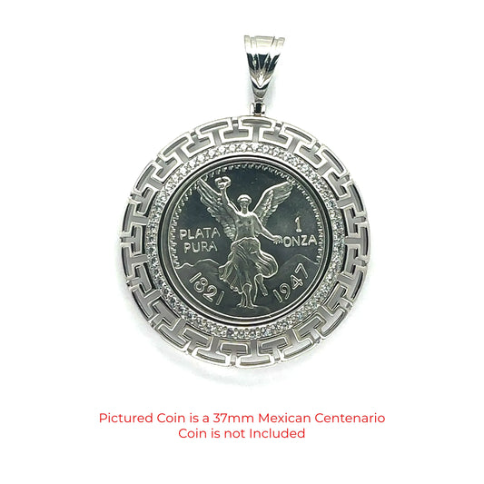 925 Sterling Silver Rhodium Plated Centenario Bezel Aztec Clear CZ Pendant