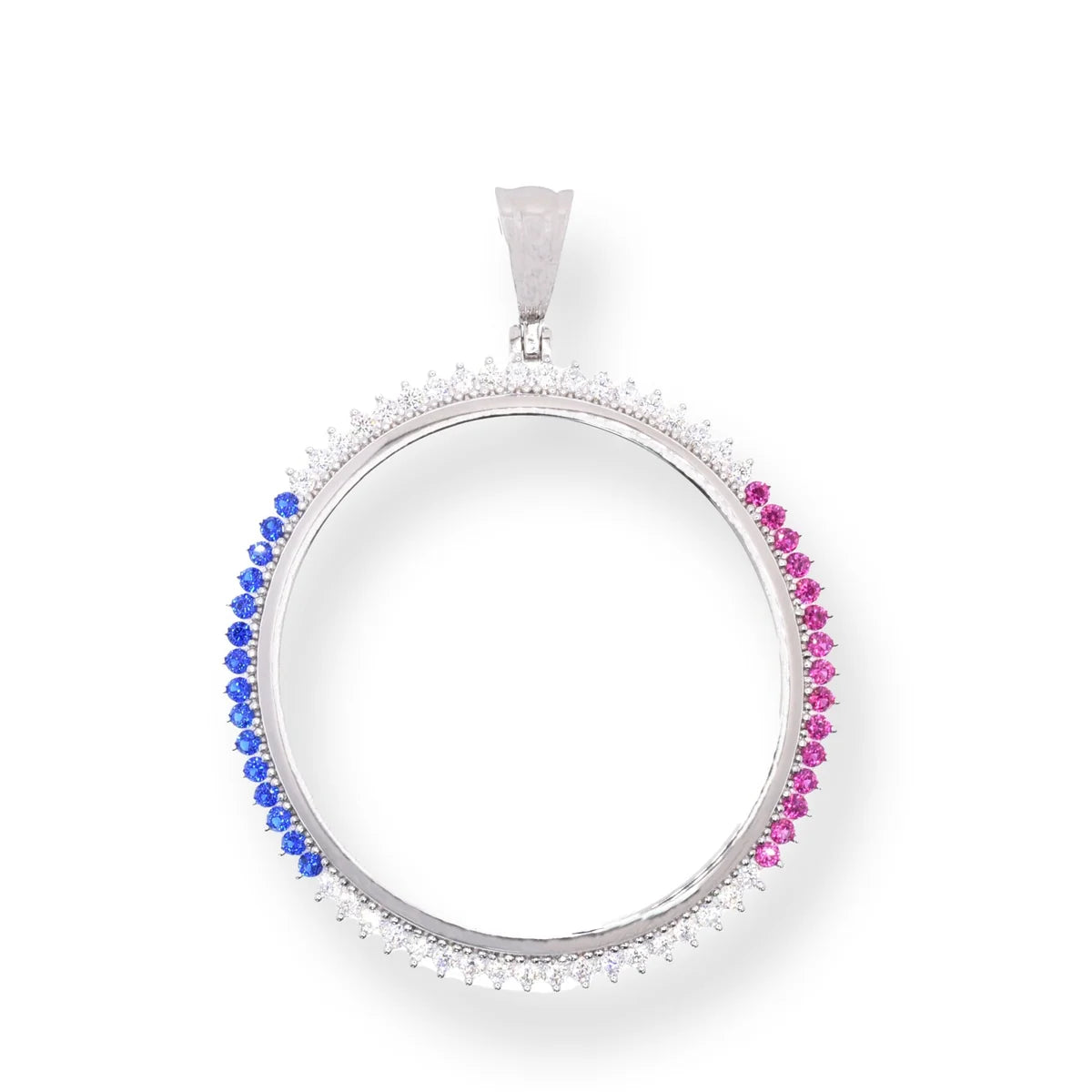 925 Sterling Silver Rhodium Plated Bezel for Coin Clear Blue and Red CZ Pendant