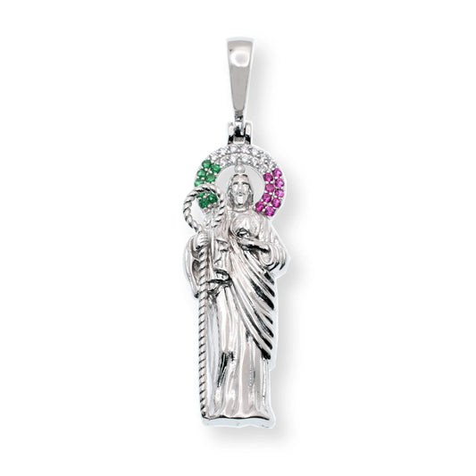 925 Sterling Silver Rhodium Plated Saint Jude Clear Green Red CZ 11.5mm x 31mm Pendant