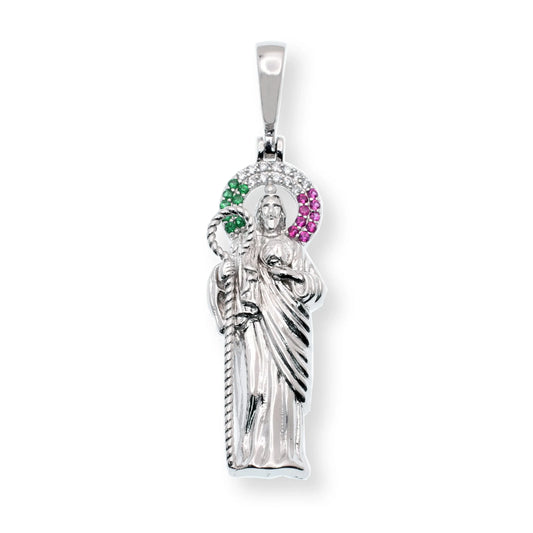 925 Sterling Silver Rhodium Plated Saint Jude Clear Green Red CZ 13.6mm x 36.5mm Pendant