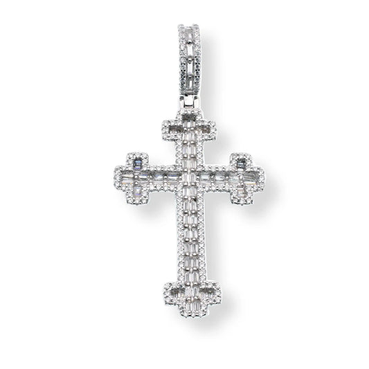925 Sterling Silver Rhodium Plated Cross Crosslet Baguette and Round Clear CZ 25mm x 35.8mm Pendant