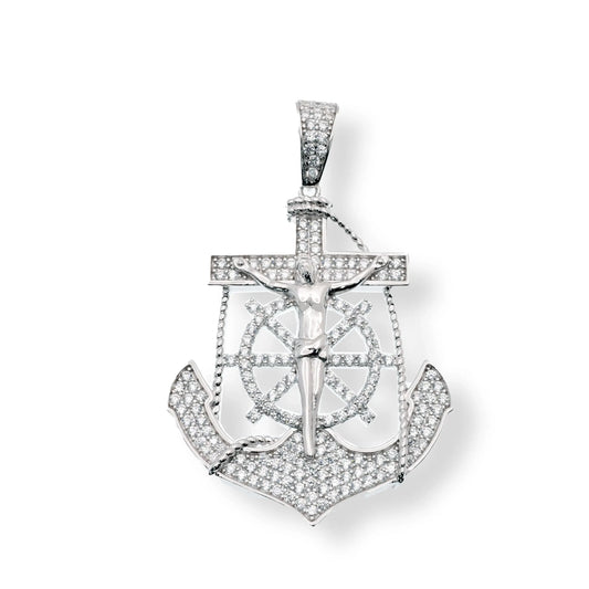 925 Sterling Silver Rhodium Plated Jesus Cross Anchor Clear CZ 29.6mm x 35.1mm Pendant