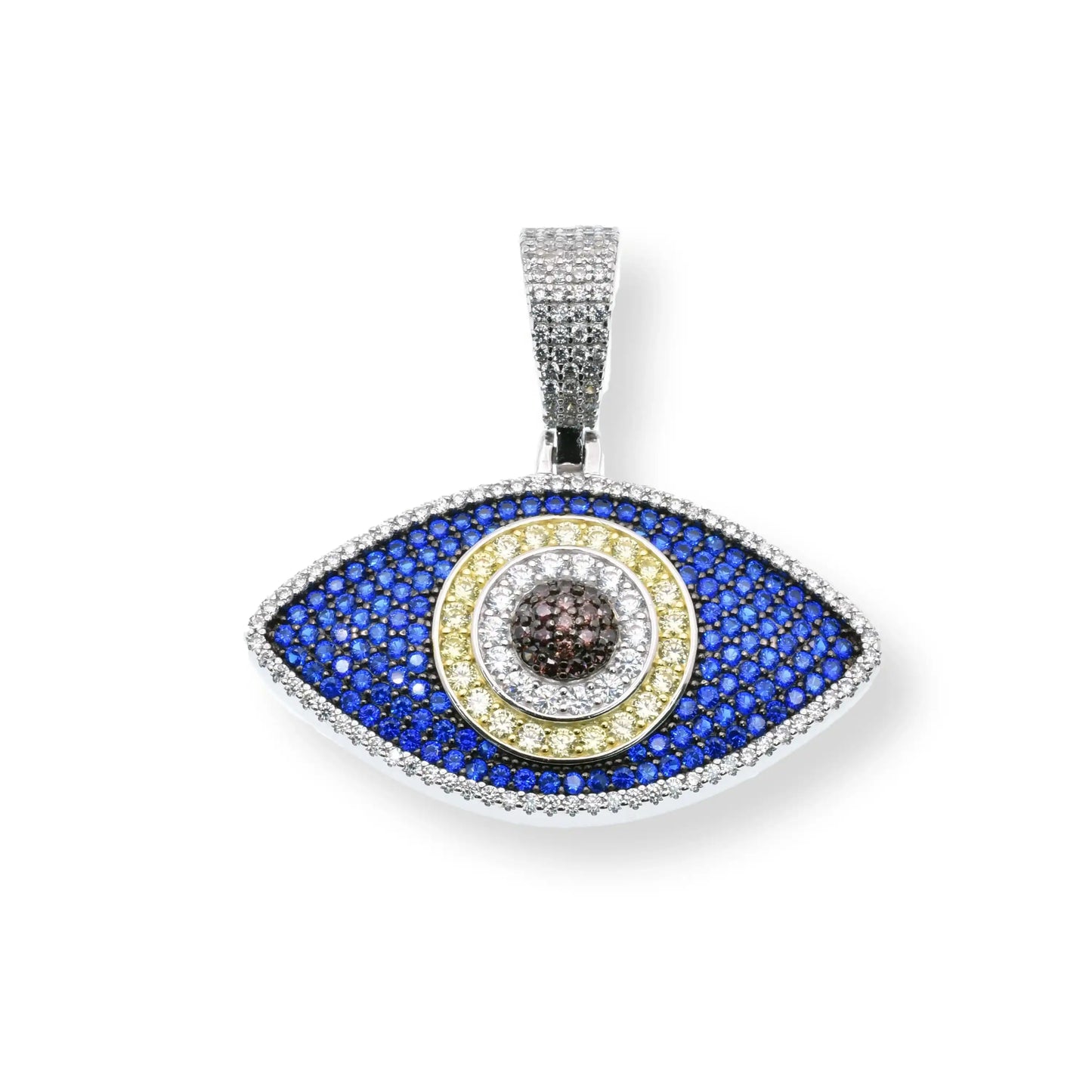 925 Sterling Silver Rhodium and Gold Plated Evil Eye Clear Blue Brown CZ 35.3mm x 19.8mm Pendant