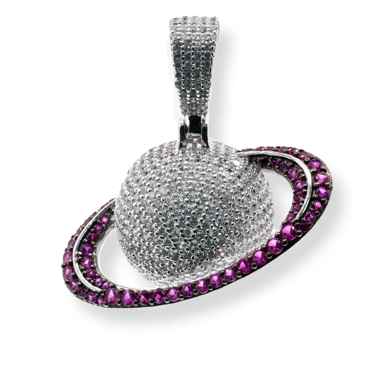 925 Sterling Silver Rhodium Plated Saturn Clear and Pink CZ 34.9mm x 19.1mm Pendant