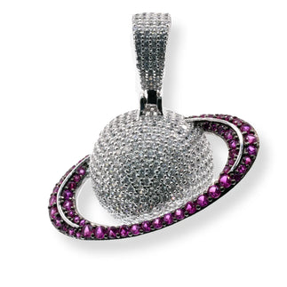 925 Sterling Silver Rhodium Plated Saturn Clear and Pink CZ 34.9mm x 19.1mm Pendant