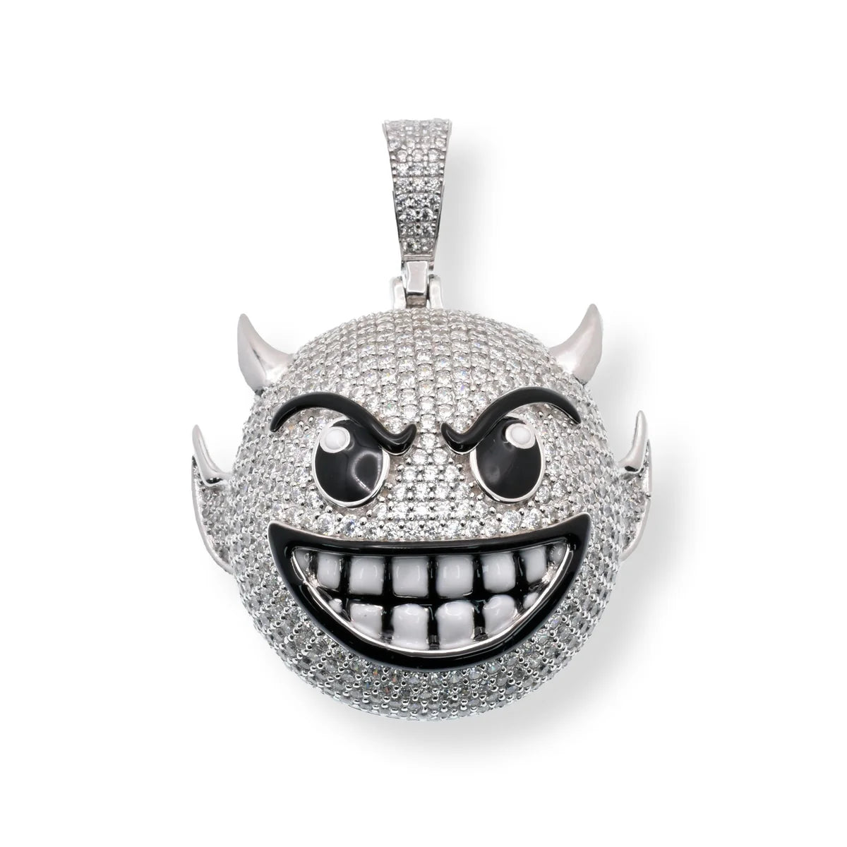 925 Sterling Silver Rhodium Plated Devil Emoji Black Enamel Clear CZ 33.1mm x 29.8mm Pendant