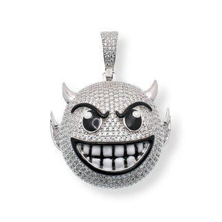 925 Sterling Silver Rhodium Plated Devil Emoji Black Enamel Clear CZ 33.1mm x 29.8mm Pendant