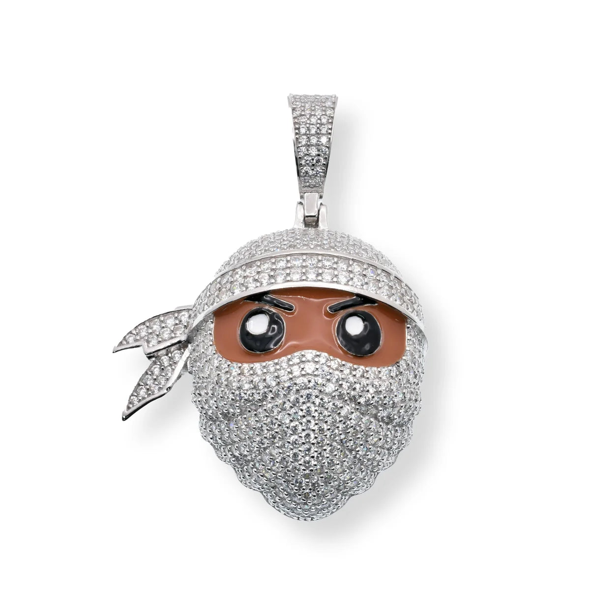 925 Sterling Silver Rhodium Plated Masked Ninja Brown Enamel Clear CZ 32.3mm x 29.8mm Pendant