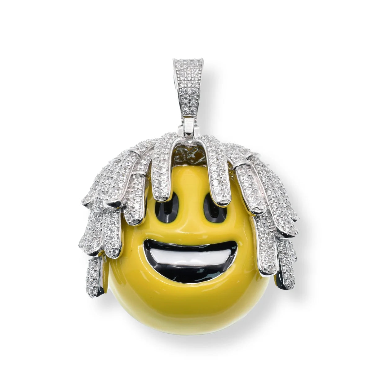 925 Sterling Silver Rhodium Plated Dreadlocks Smiley Yellow and Black Enamel Clear CZ 35.2mm x 31mm Pendant