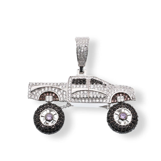 925 Sterling Silver Rhodium Plated Pickup Truck Spinning Wheels Clear Brown and Black CZ 40.6mm x 23mm Pendant