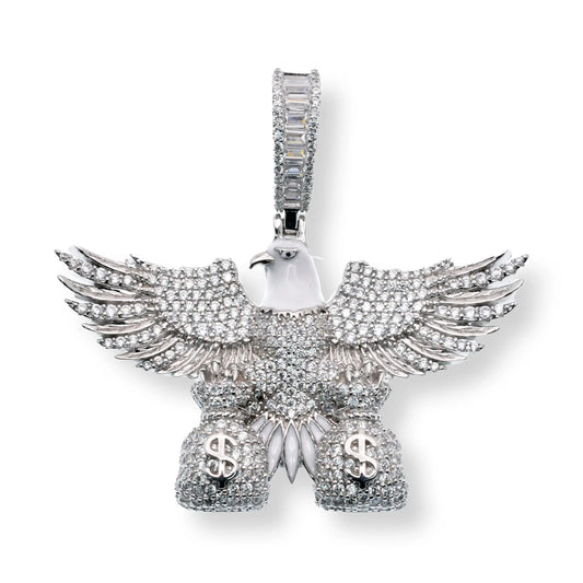 925 Sterling Silver Rhodium Plated American Eagle Money Bag White Enamel CZ 50.2mm x 28.9mm Pendant