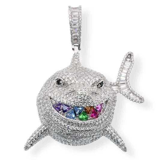 925 Sterling Silver Rhodium Plated Shark Attack Baguette and Round Multi Color CZ 43.1mm x 44.1mm Pendant