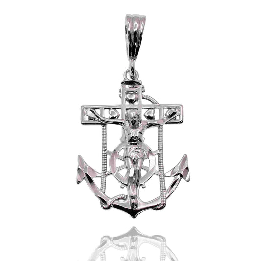 925 Sterling Silver Rhodium Plated Anchor Crucifix Nautical 20mm x 28mm Pendant
