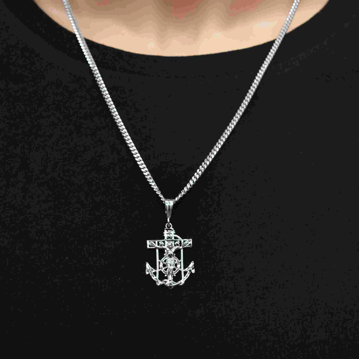 925 Sterling Silver Rhodium Plated Anchor Crucifix Nautical 20mm x 28mm Pendant