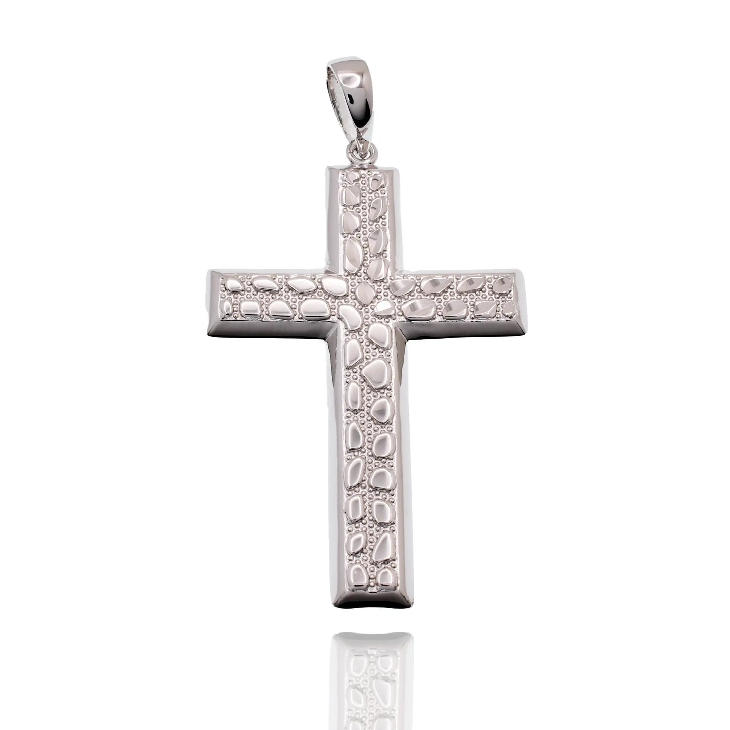 925 Sterling Silver Rhodium Plated Nugget Cross 35.5mm x 53mm Pendant