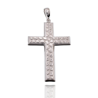 925 Sterling Silver Rhodium Plated Nugget Cross 35.5mm x 53mm Pendant