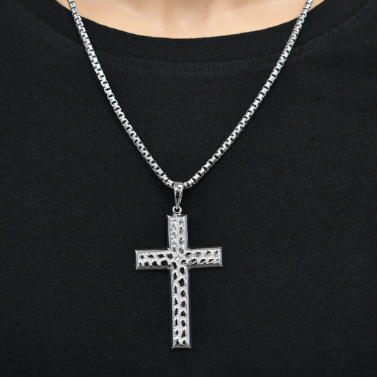 925 Sterling Silver Rhodium Plated Nugget Cross 35.5mm x 53mm Pendant