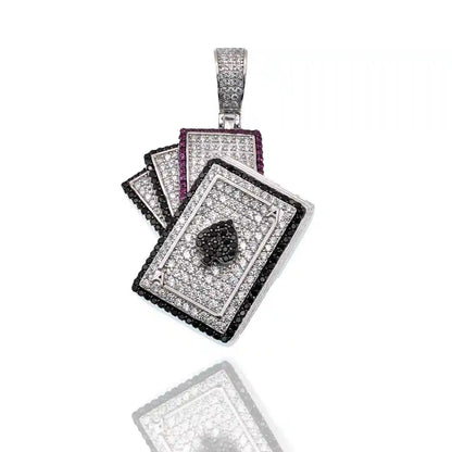 925 Sterling Silver Rhodium Plated Cards Spade Clear Black and Red CZ 29mm x 34mm Pendant