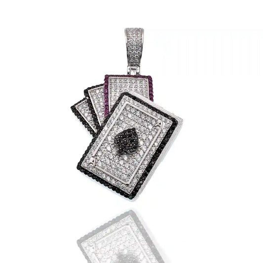 925 Sterling Silver Rhodium Plated Cards Spade Clear Black and Red CZ 29mm x 34mm Pendant