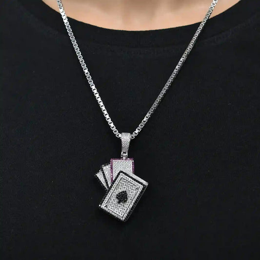 925 Sterling Silver Rhodium Plated Cards Spade Clear Black and Red CZ 29mm x 34mm Pendant