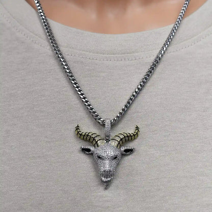 925 Sterling Silver Rhodium Plated The Devil Goat Baphomet Black Enamel Clear CZ 39mm x 41mm Pendant