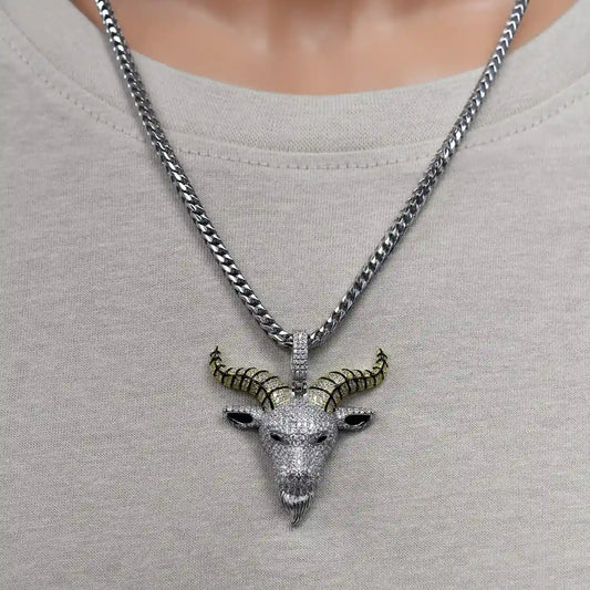 925 Sterling Silver Rhodium Plated The Devil Goat Baphomet Black Enamel Clear CZ 39mm x 41mm Pendant