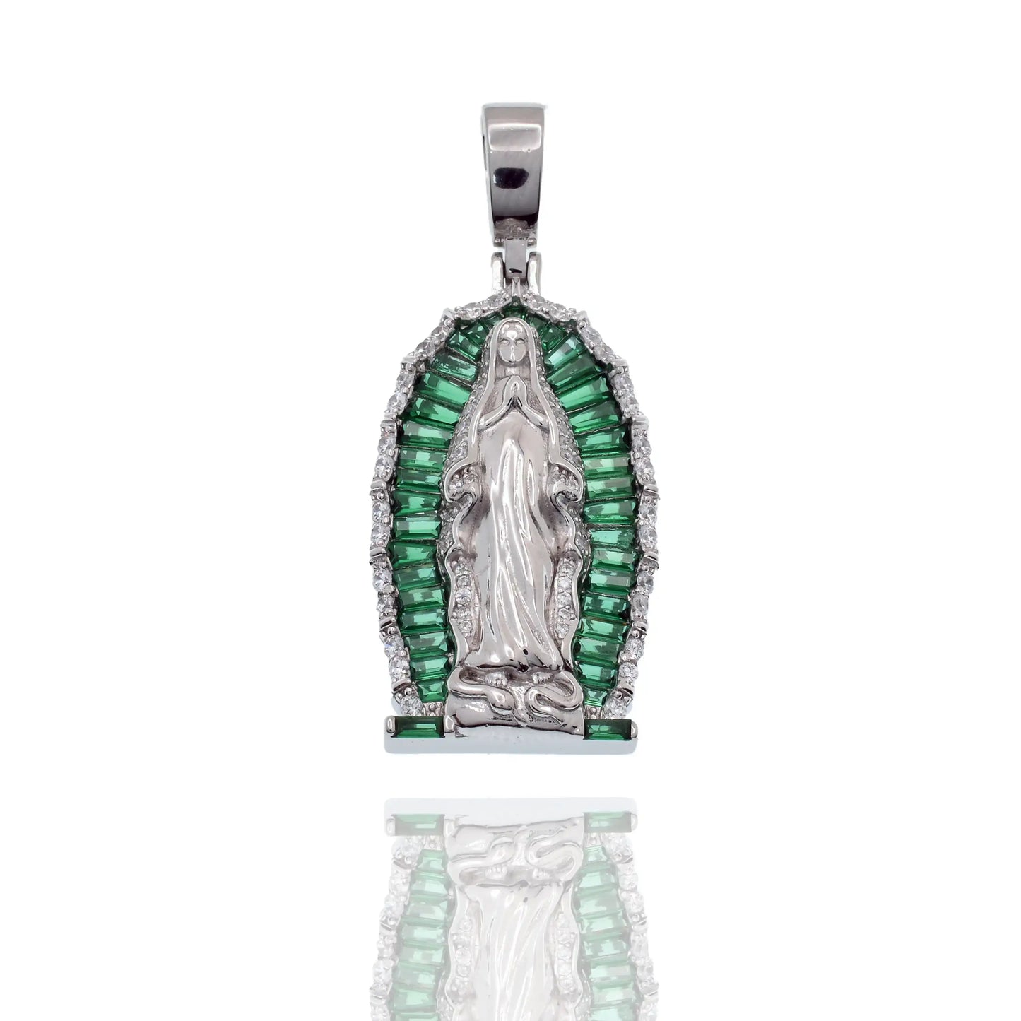 925 Sterling Silver Rhodium Plated Our Lady of Guadalupe Green Baguette and Round Clear CZ 21mm x 35mm Pendant