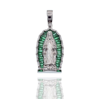 925 Sterling Silver Rhodium Plated Our Lady of Guadalupe Green Baguette and Round Clear CZ 21mm x 35mm Pendant