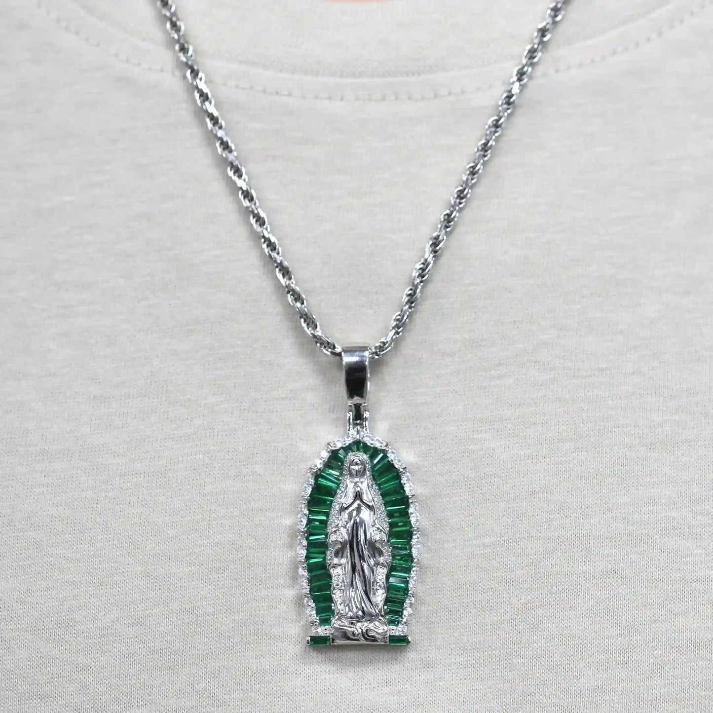 925 Sterling Silver Rhodium Plated Our Lady of Guadalupe Green Baguette and Round Clear CZ 21mm x 35mm Pendant