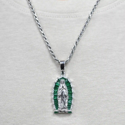 925 Sterling Silver Rhodium Plated Our Lady of Guadalupe Green Baguette and Round Clear CZ 21mm x 35mm Pendant