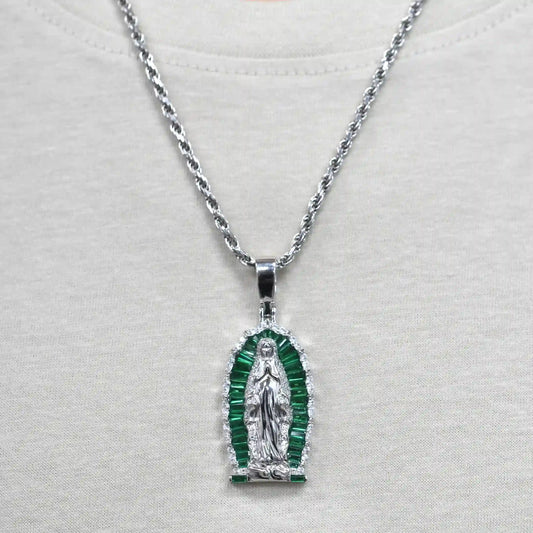 925 Sterling Silver Rhodium Plated Our Lady of Guadalupe Green Baguette and Round Clear CZ 21mm x 35mm Pendant