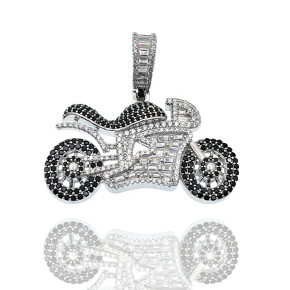 925 Sterling Silver Rhodium Plated Motocycle Black Round and Clear Baguette CZ Studded 40mm x 22mm Pendant