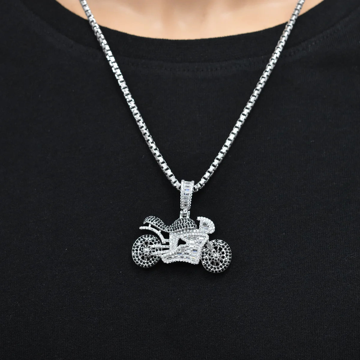 925 Sterling Silver Rhodium Plated Motocycle Black Round and Clear Baguette CZ Studded 40mm x 22mm Pendant