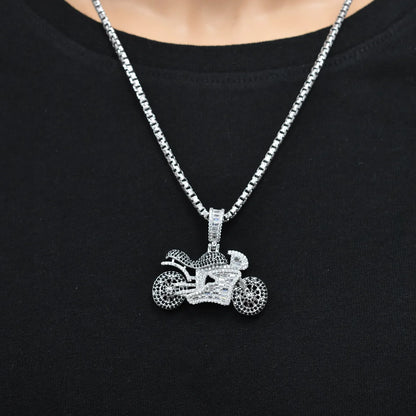 925 Sterling Silver Rhodium Plated Motocycle Black Round and Clear Baguette CZ Studded 40mm x 22mm Pendant