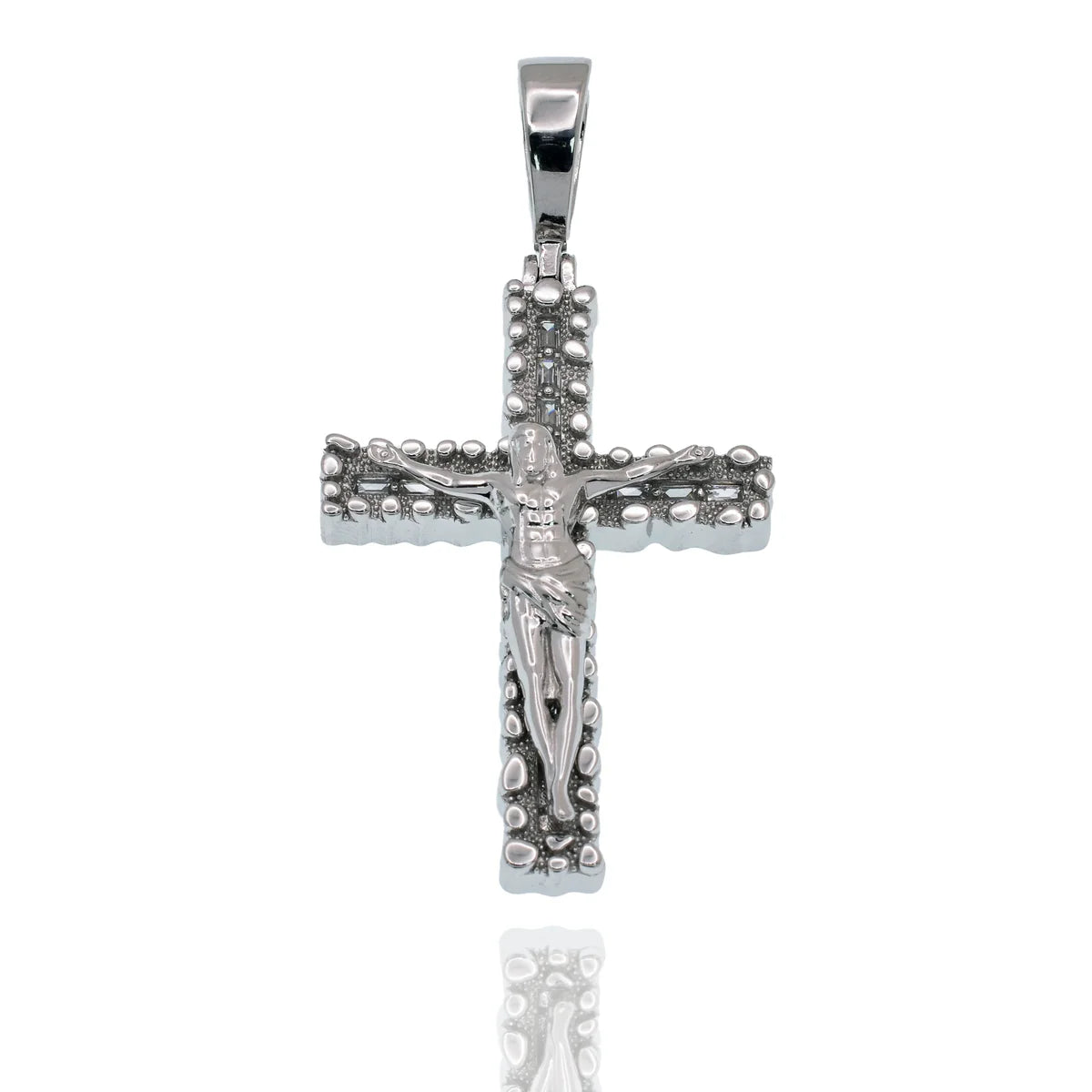 925 Sterling Silver Rhodium Plated Nugget Crucifix Cross Baguette Clear CZ 29mm x 41mm Pendant