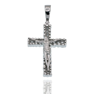 925 Sterling Silver Rhodium Plated Nugget Crucifix Cross Baguette Clear CZ 29mm x 41mm Pendant