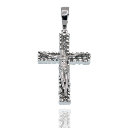 925 Sterling Silver Rhodium Plated Nugget Crucifix Cross Baguette Clear CZ 29mm x 41mm Pendant