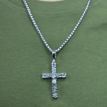 925 Sterling Silver Rhodium Plated Nugget Crucifix Cross Baguette Clear CZ 29mm x 41mm Pendant
