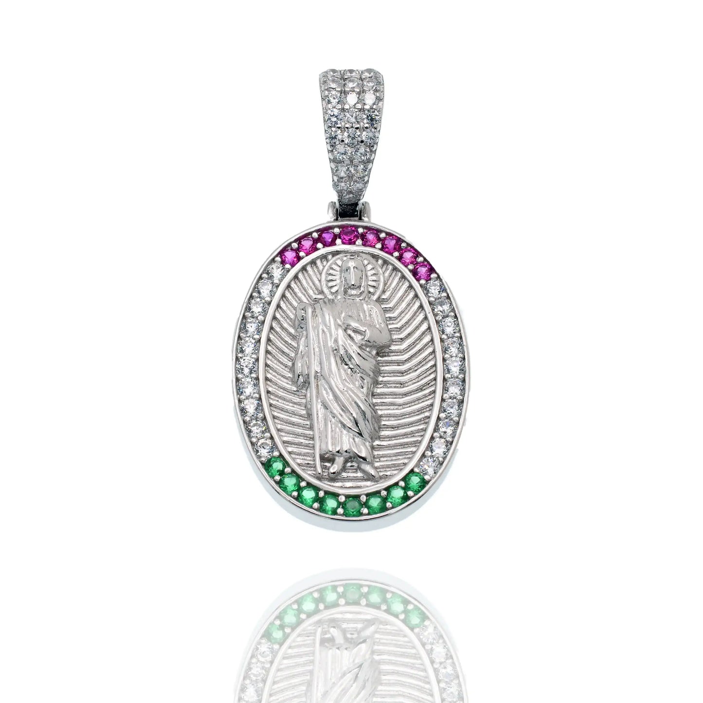 925 Sterling Silver Rhodium Plated Saint Jude Clear Red and Green 17mm x 24mm Oval Pendant