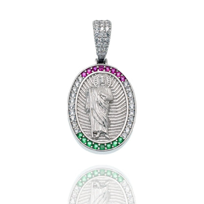 925 Sterling Silver Rhodium Plated Saint Jude Clear Red and Green 17mm x 24mm Oval Pendant