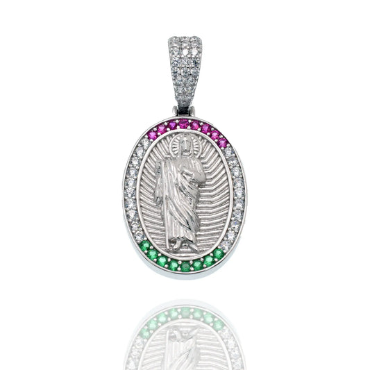 925 Sterling Silver Rhodium Plated Saint Jude Clear Red and Green 17mm x 24mm Oval Pendant