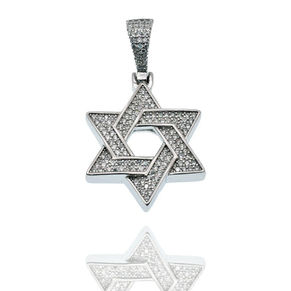 925 Sterling Silver Rhodium Plated Star Of David Iced Out Clear CZ 23mm Pendant