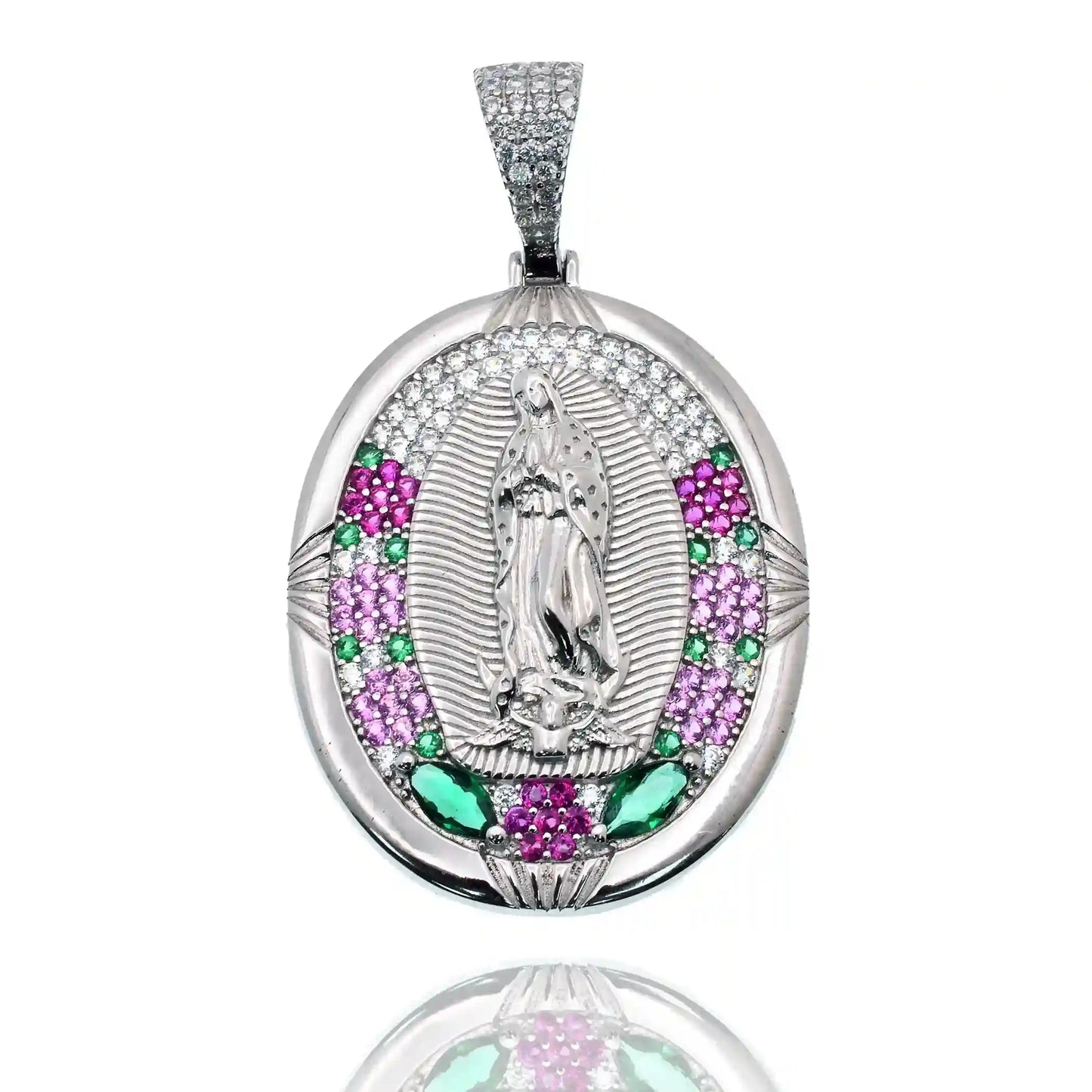 925 Sterling Silver Rhodium Plated Our Lady of Guadalupe Multicolor CZ Iced Out 28mm x 35mm Pendant