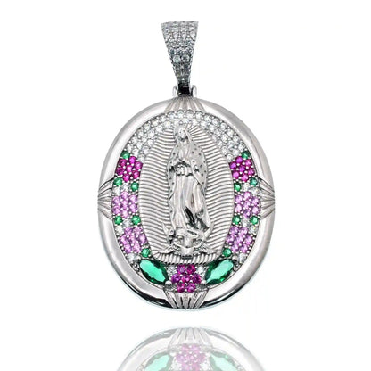 925 Sterling Silver Rhodium Plated Our Lady of Guadalupe Multicolor CZ Iced Out 28mm x 35mm Pendant