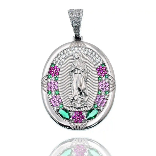 925 Sterling Silver Rhodium Plated Our Lady of Guadalupe Multicolor CZ Iced Out 28mm x 35mm Pendant