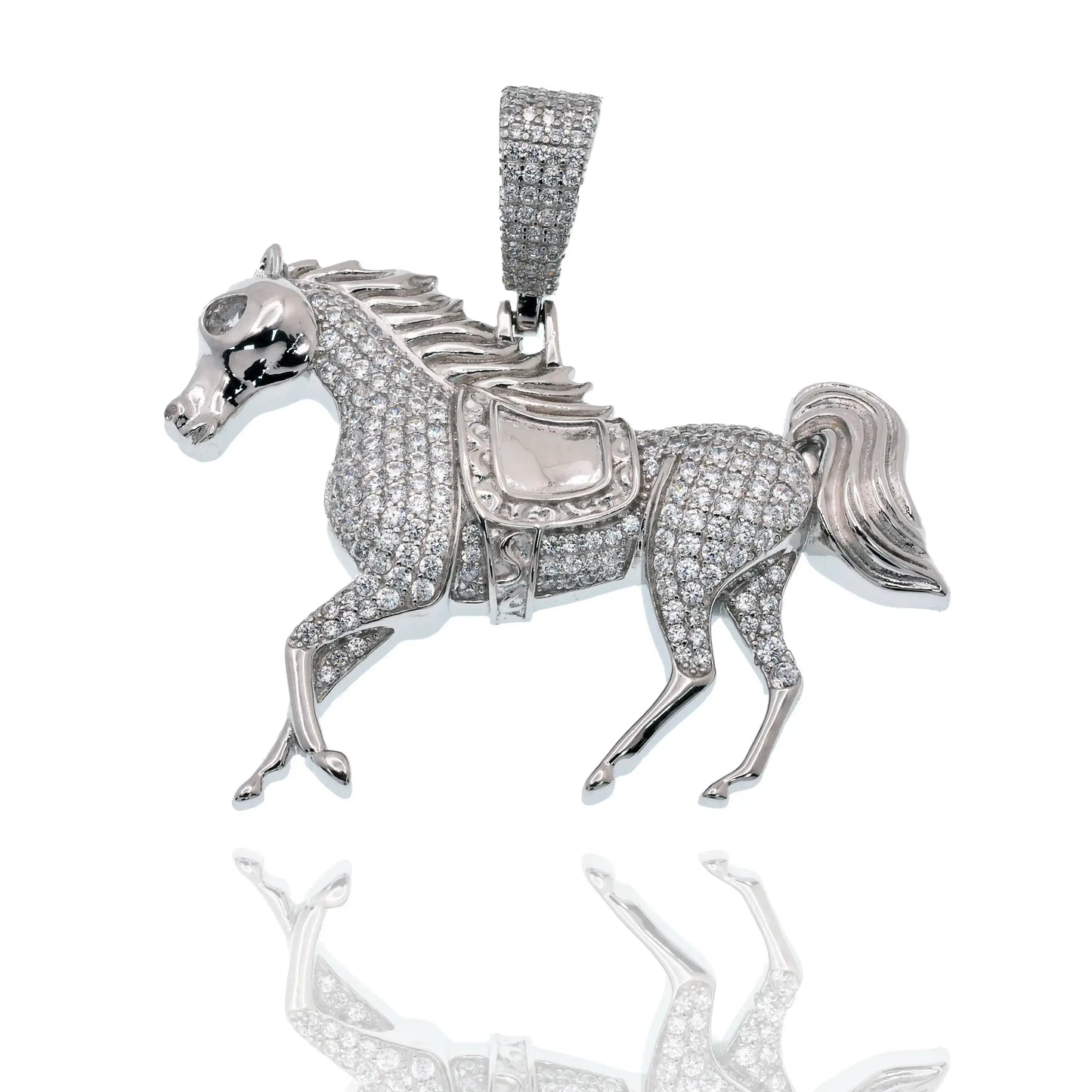 925 Sterling Silver Rhodium Plated Iced Out Horse Clear CZ 42mm x 30mm Pendant